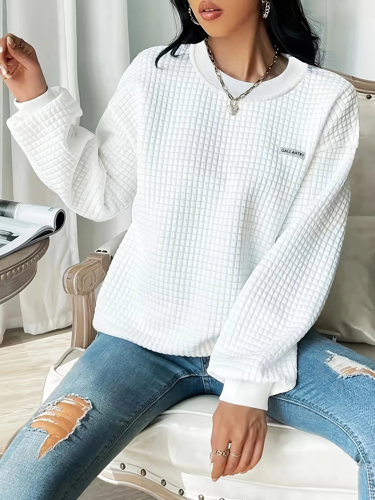 Waffle Loose Crew Neck Casual Sweatshirt-Luxandluxy