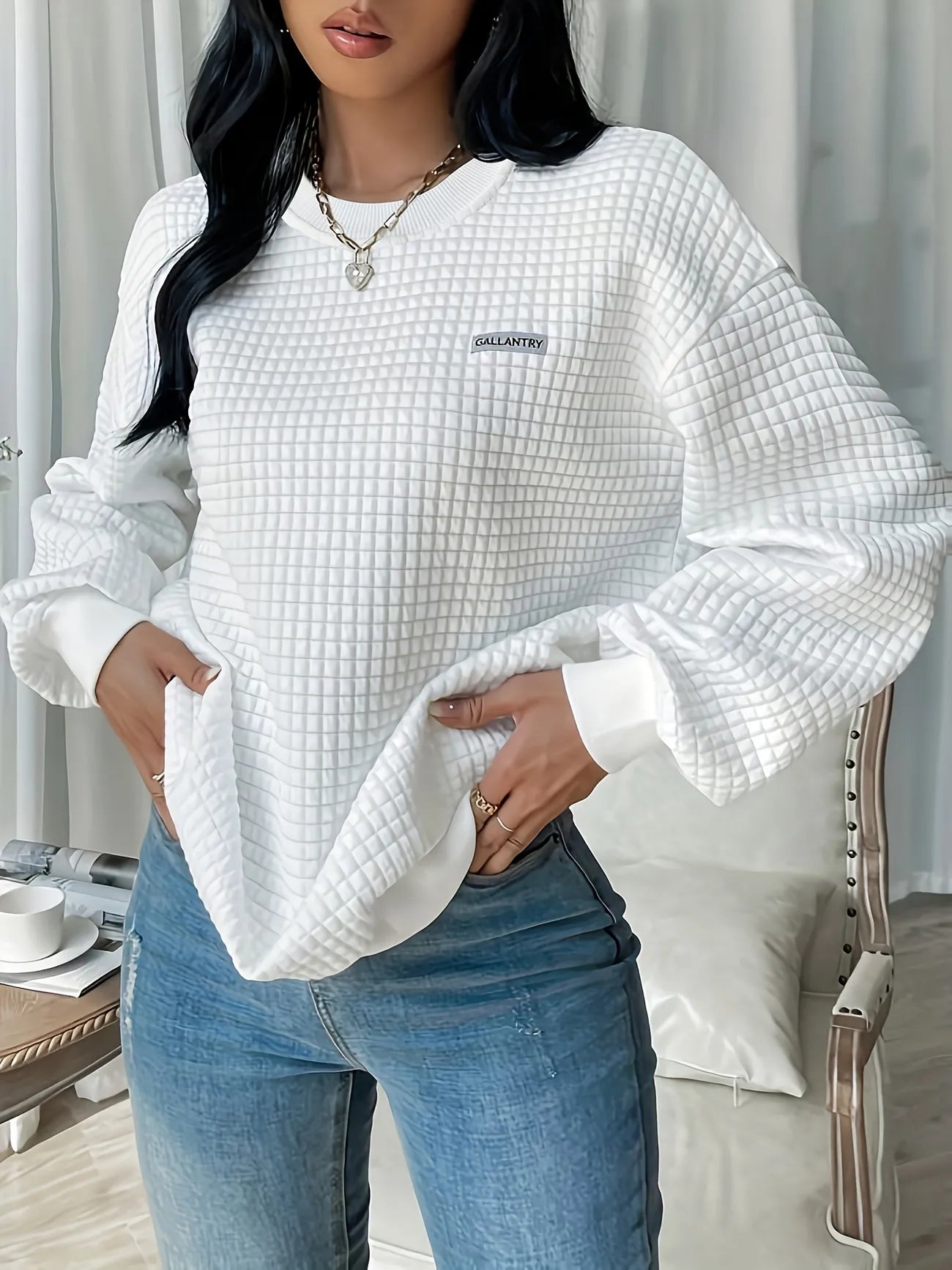 Waffle Loose Crew Neck Casual Sweatshirt-Luxandluxy