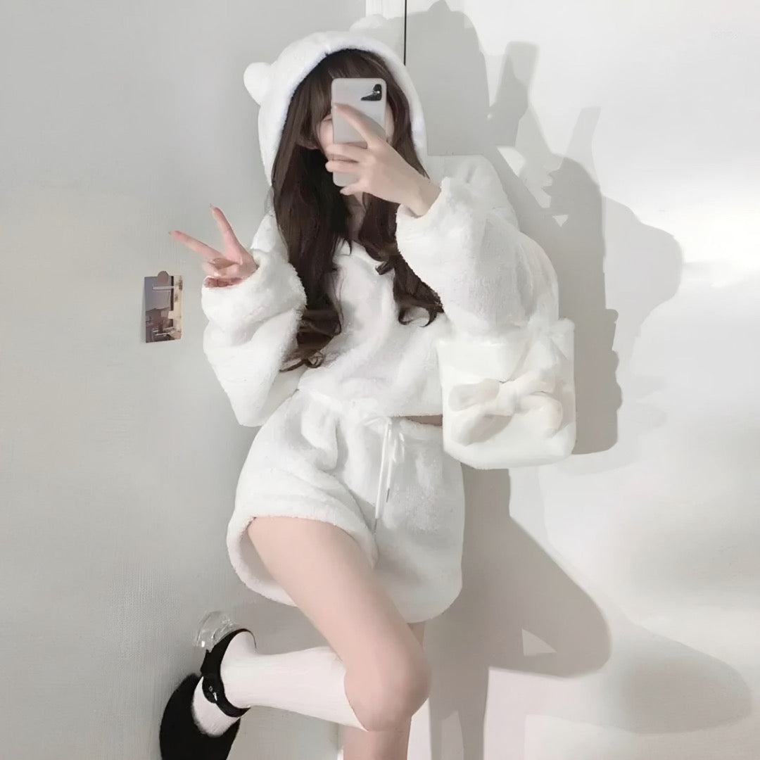 White Bear Ears Hoodie & Short Set-Luxandluxy