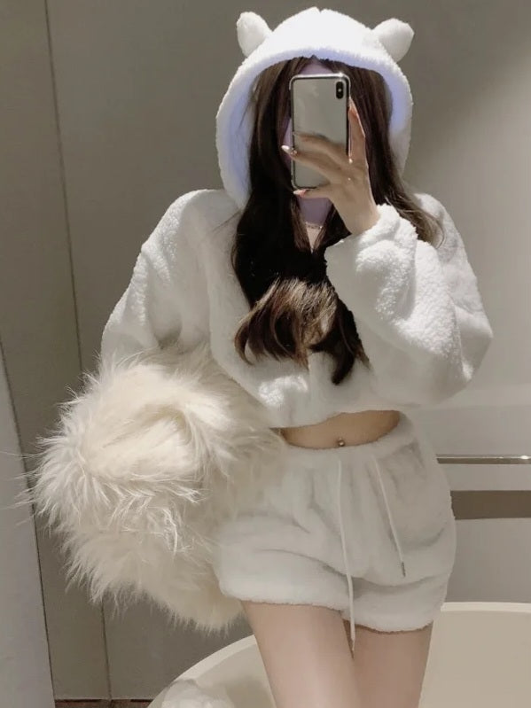 White Bear Ears Hoodie & Short Set-Luxandluxy