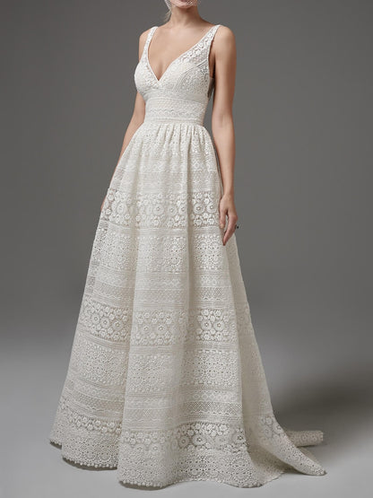 White Eyelet Lace V-Neck Wedding Dress-Luxandluxy