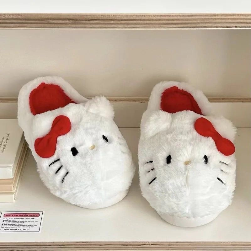 White Hello Kitty Plush Slippers-Luxandluxy