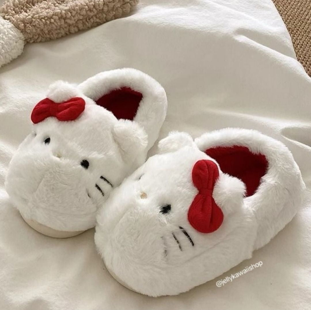 White Hello Kitty Plush Slippers-Luxandluxy