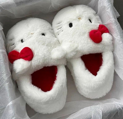 White Hello Kitty Plush Slippers-Luxandluxy