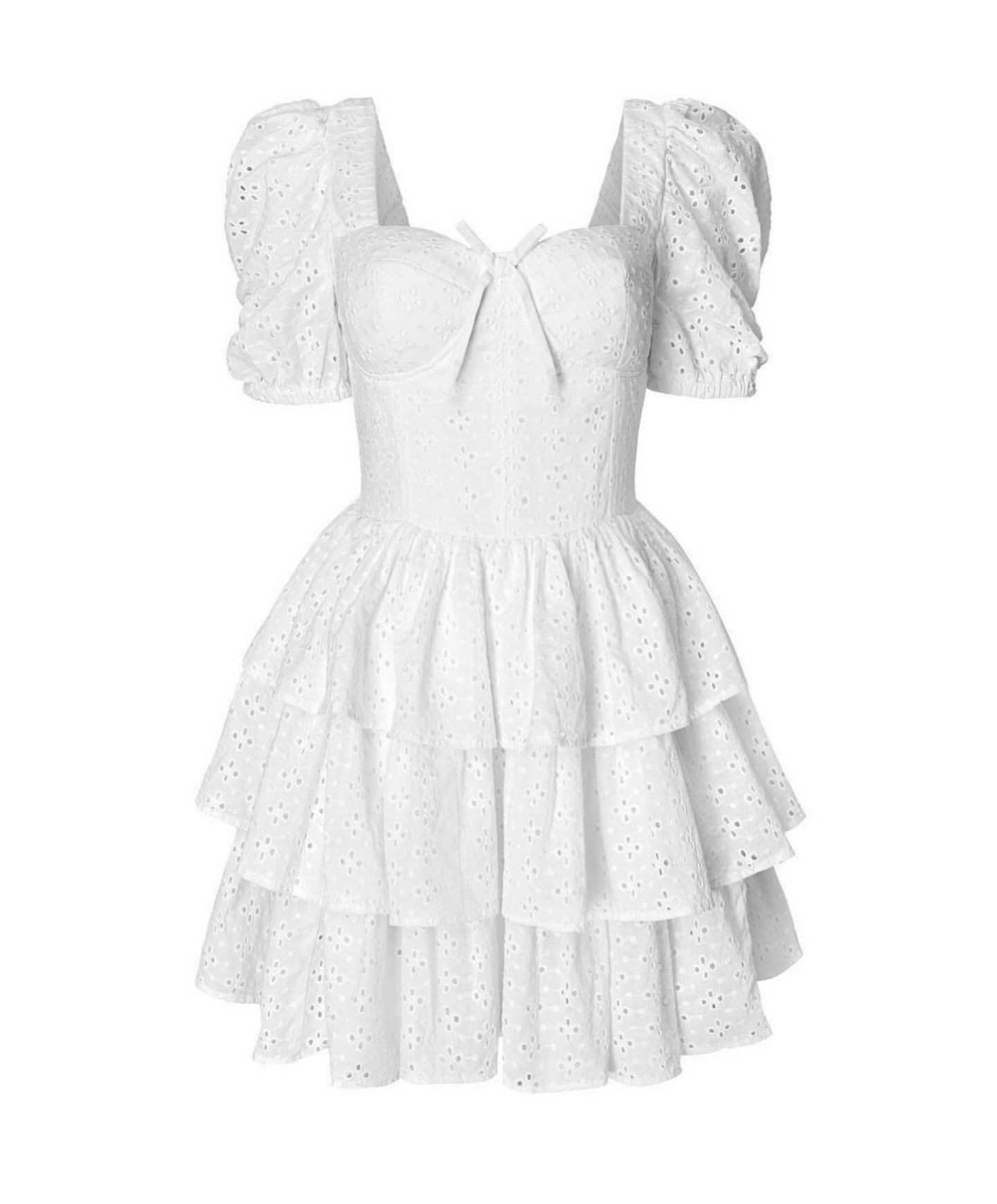 White Lace Bowknot Puff Sleeve Tiered Dress-Luxandluxy