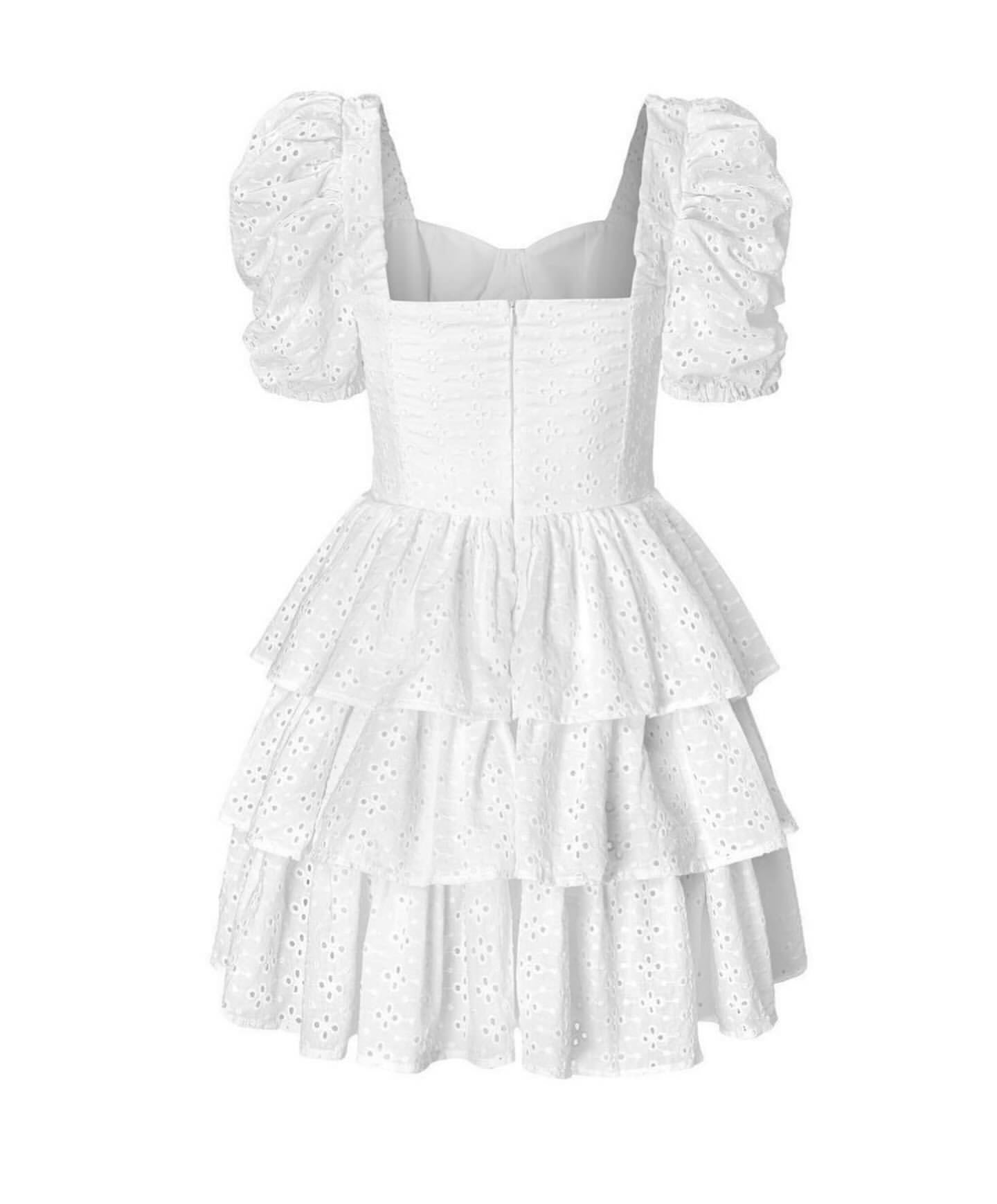 White Lace Bowknot Puff Sleeve Tiered Dress-Luxandluxy