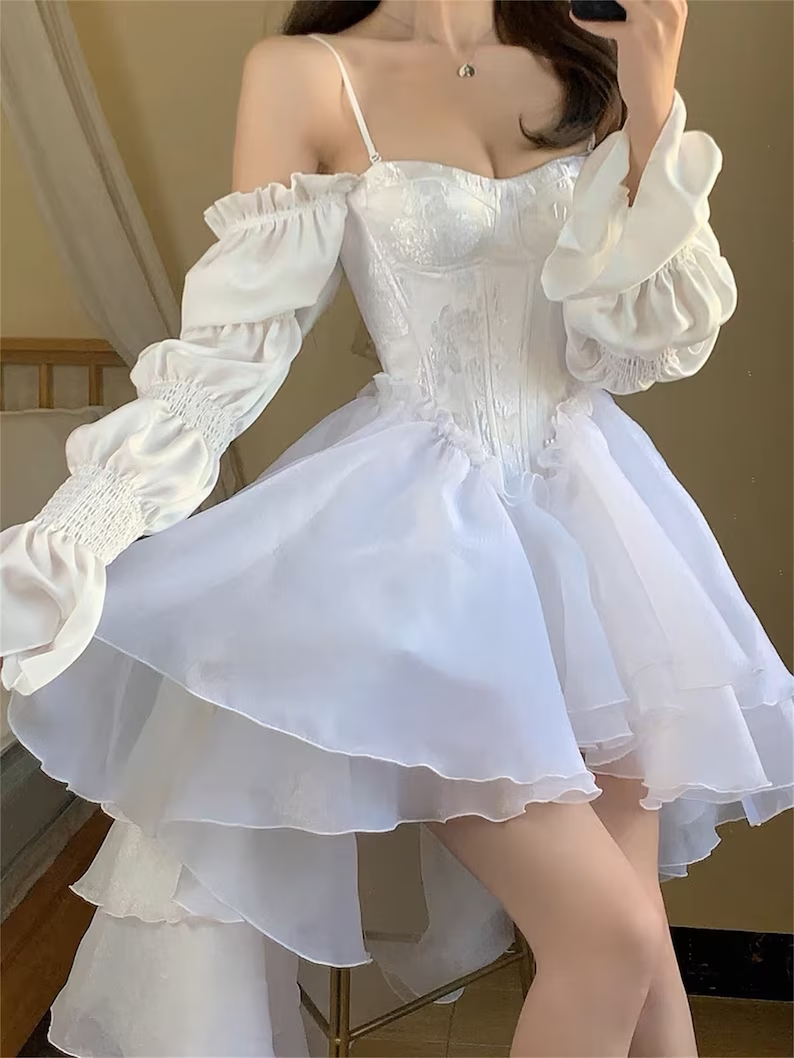 White Marie Sleeves Asymmetric Layered Lolita Dress-Luxandluxy