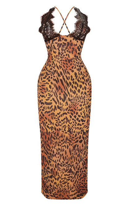 Leopard Printed Woven Lace Cup Detail Maxi Dress