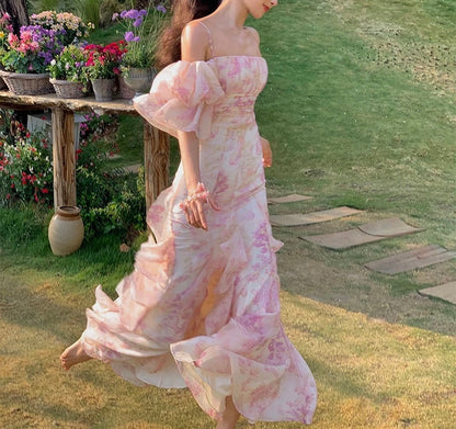 Pink Chiffon Off Shoulder Floral Puff Sleeves Maxi Dress