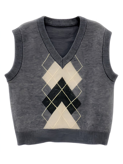 Plaid V-neck Knitted Sweater Vest