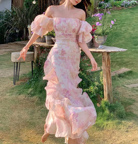 Pink Chiffon Off Shoulder Floral Puff Sleeves Maxi Dress